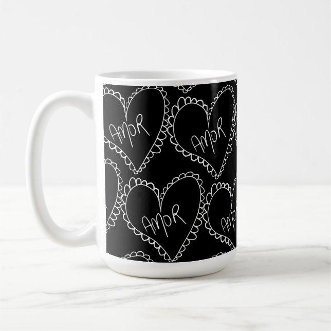 Taza De Café Doodles Black Hearts Valentines Day Pink (Izquierda)