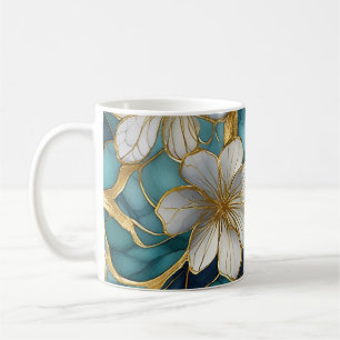 Taza de café dorada teal floral japonesa