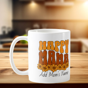 Taza de café dorada y marrón de Mama Feliz y Linda