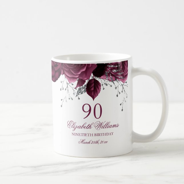 Taza De Café Dorado Burgundy Floral Rosa 90 cumpleaños (Derecha)