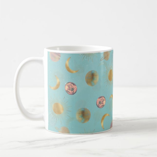 Taza De Café Dorado Sun Moon Planetas Espacio ilustracion Azul (Izquierda)