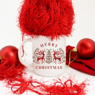 Taza De Café Dos ciervos Feliz Navidad Rojo y Marrón