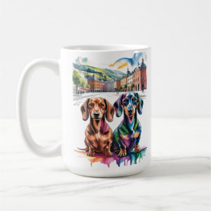 Taza De Café Dos Dachshunds Coloridos en una Plaza de una Ciuda
