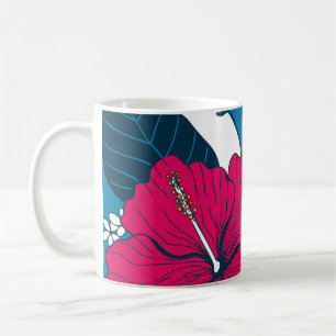 Taza De Café Dos flamencos entre hibiscos y flores plumerias 