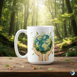 Taza De Café Dos Manos Manteniendo La Tierra Cubierta De Verdor