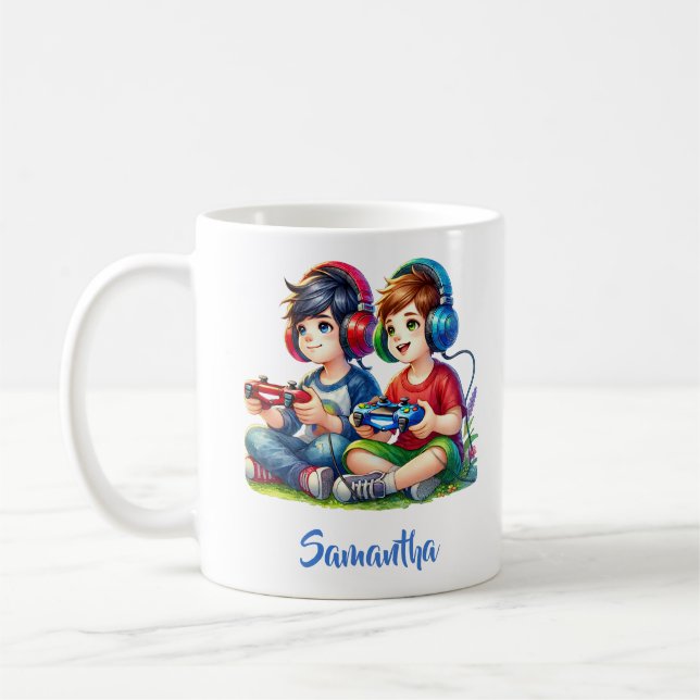Taza De Café Dos niños pequeños jugando auriculares de videojue (Izquierda)