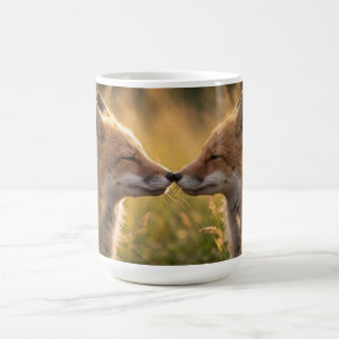Taza De Café Dos zorros rojos oliéndose en hierba iluminada por