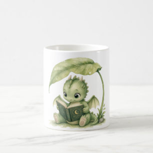 Taza De Café Dragón Bebé Leyendo Bajo Hoja Libro Infantil