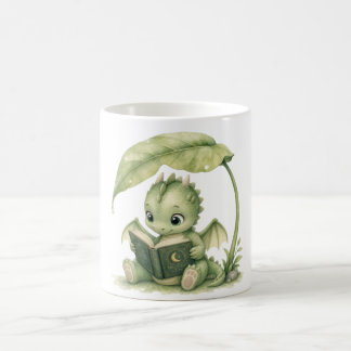 Taza De Café Dragón Bebé Leyendo Bajo Hoja Libro Infantil
