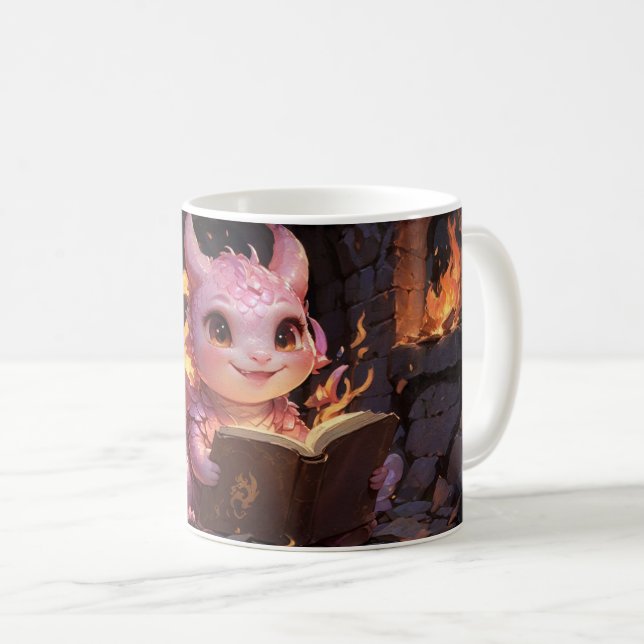 Taza De Café Dragón bebé rosa lee un libro (Anverso derecho)