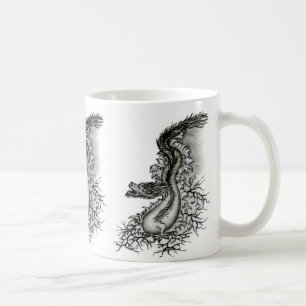 Taza De Café Dragón chino, diseño blanco y negro en tatuostyl