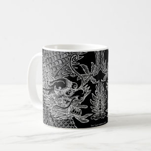 Taza De Café Dragón chino tradicional dibujando blanco negro
