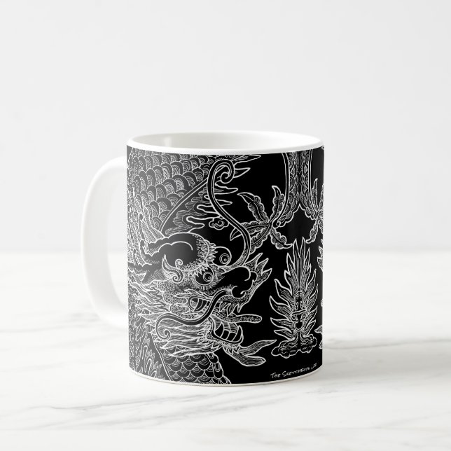 Taza De Café Dragón chino tradicional dibujando blanco negro (Anverso izquierdo)