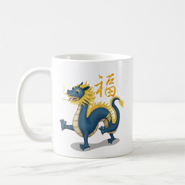 Taza De Café Dragón chino zodiaco "fortuna" blanco (Izquierda)