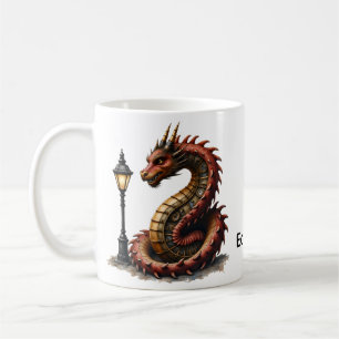 Taza De Café Dragón Steampunk al lado de una lámpara de calle v