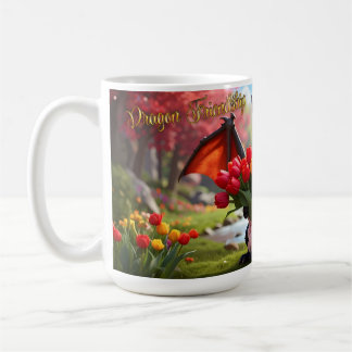 Taza De Café Dragon with red tulips. 15-ounce mug