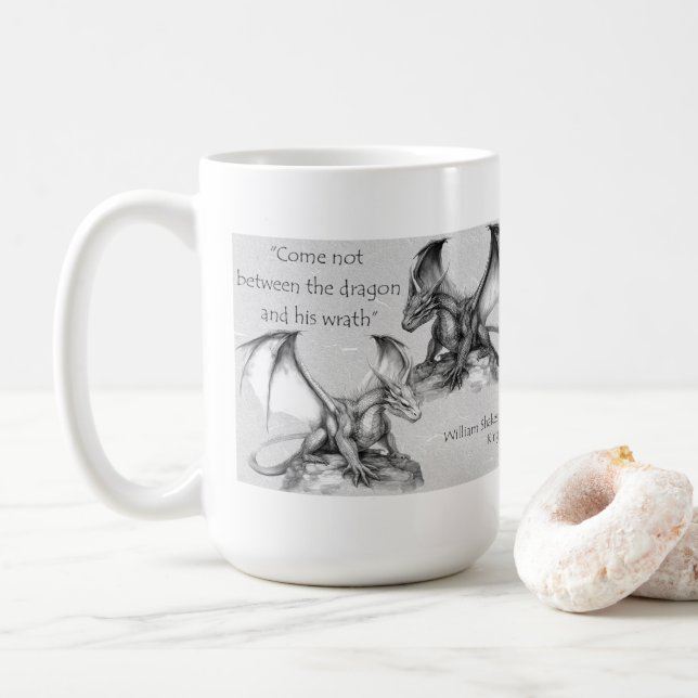 Taza De Café Dragones con la cita del Rey Lear gris, negro, bla (Con donut)