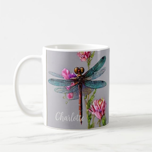 Taza De Café Dragonfly de ala azul acuarela, tazón de café (Izquierda)