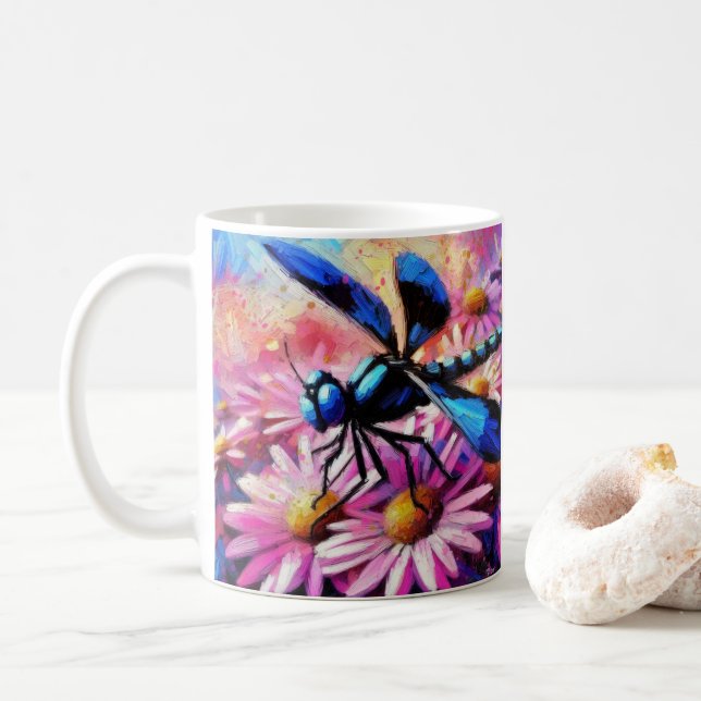 Taza De Café Dragonfly impresionista sobre la floral de Daisies (Con donut)