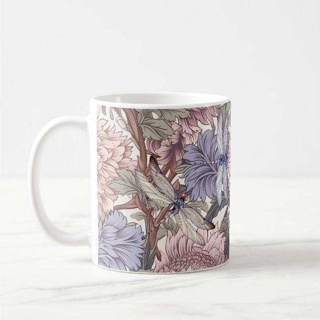 Taza De Café Dragonfly Peony Pink Light Purple French Floral (Izquierda)