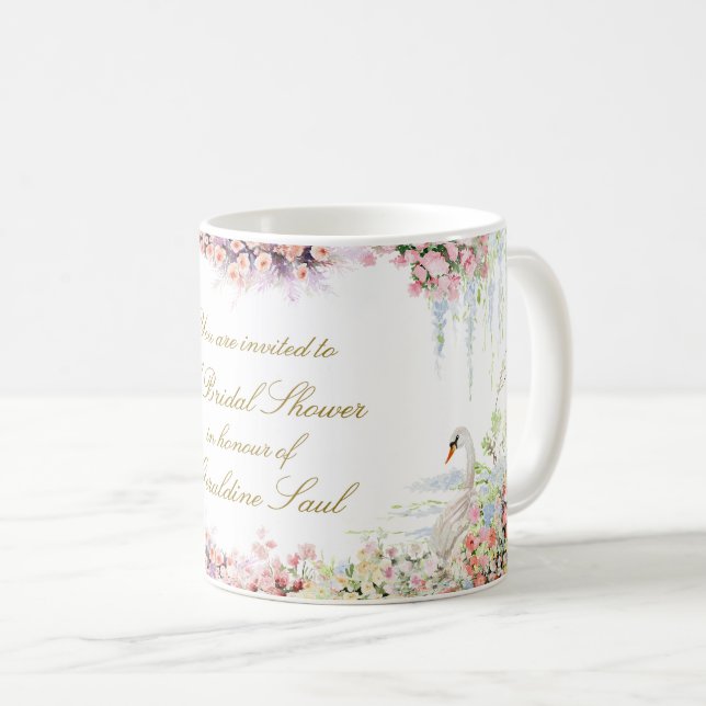 Taza De Café ducha de novia chic cisne floral caligrafía (Anverso derecho)