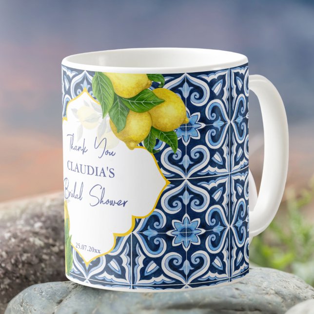 Taza De Café Ducha nupcial favorece azulejos azules lemon Amalf (Subido por el creador)