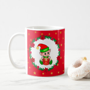 Taza De Café Duende de Navidad, corona de pino, poinsettias y e