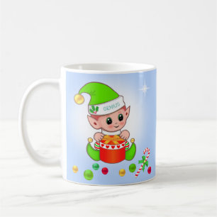 Taza De Café Duende de Navidad y bolas de Navidad en azul claro