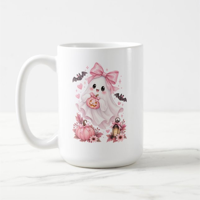Taza De Café Dulce Fantasma con Lazo Rosa de Halloween  (Izquierda)