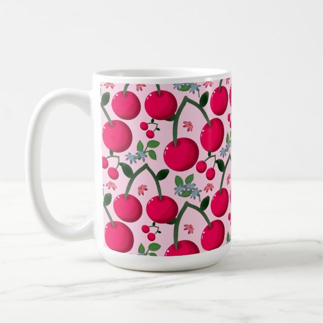 Taza De Café Dulce patrón de cereza, Fruta Kawaii brillante (Izquierda)