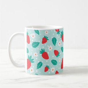 Taza De Café Dulce patrón de flor de fresa en azul verde