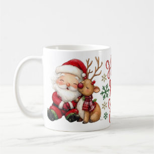 Taza De Café Dulce Santa Claus y Reno de Navidad en Acuarela