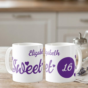 Taza De Café Dulces 16 nombre cumpleaños 16 años púrpura
