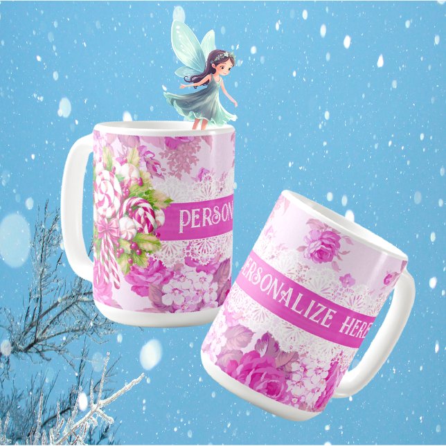 Taza De Café Dulces Navidades rosados y morados personalizados (Personalize this mug for someone special, maybe fill it with candy canes for a sweet gift!)