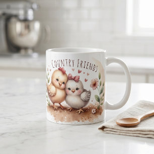 Taza De Café Dúo Caprichoso de Pollitas Cottagecore Acuarela