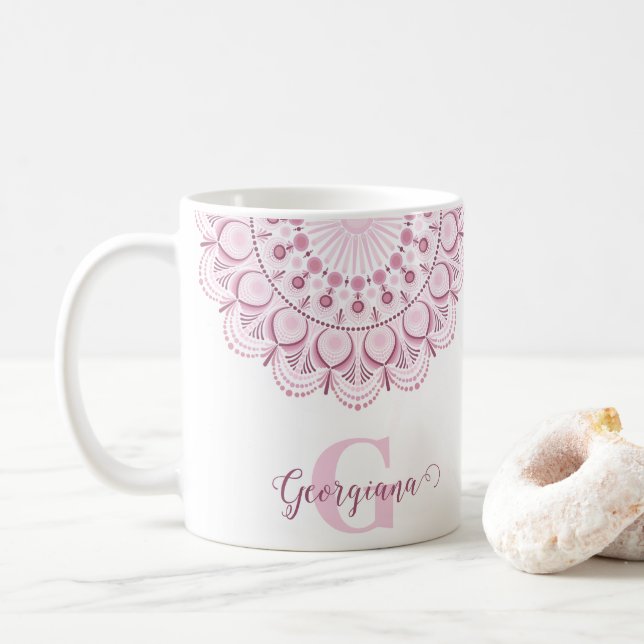 Taza De Café Dusky Rosa personalizado Confetti Lace Dot Mandala (Con donut)