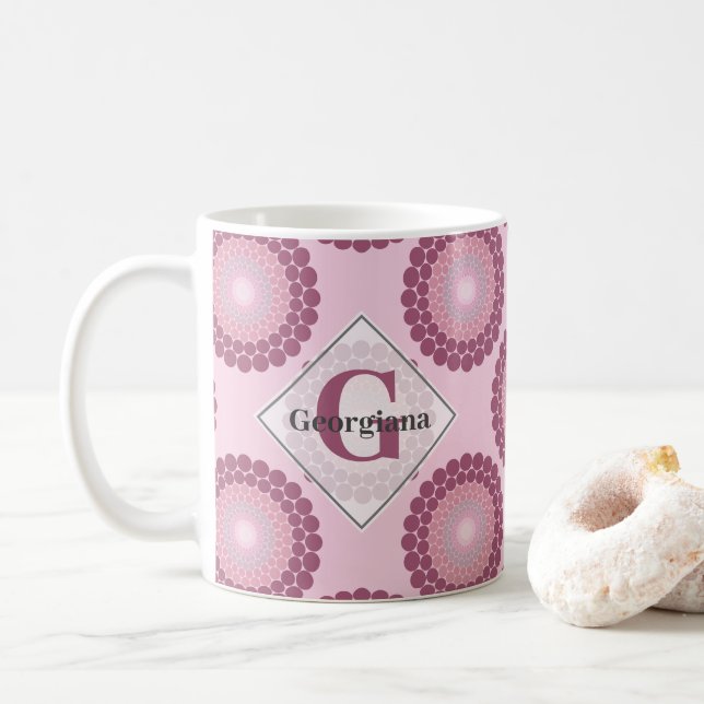 Taza De Café Dusky Rosa radiante personalizado Polka Dot Mandal (Con donut)