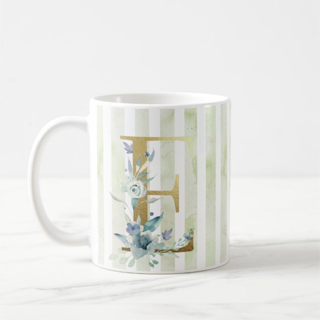Taza De Café E inicial dorada sobre rayas azules y blancas (Izquierda)