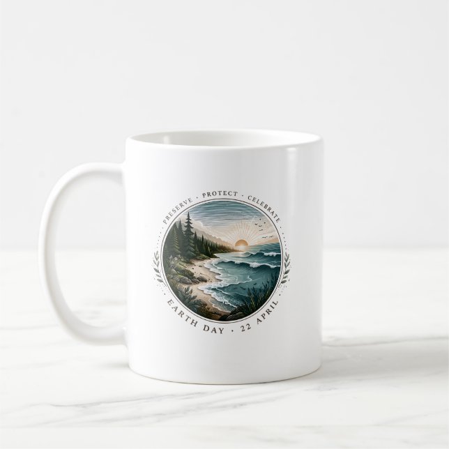 Taza De Café Earth Day Emblem – Nature Landscape Circle Design (Izquierda)