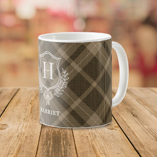 Taza De Café Earthy Plaid Monogram Tartán Inicial
