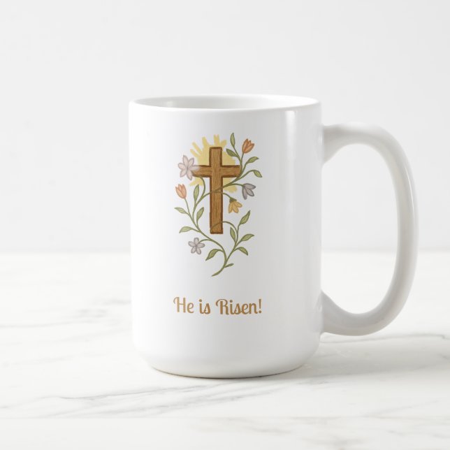 Taza De Café Easter Cross with Flowers, Faith Mug, Customizable (Derecha)