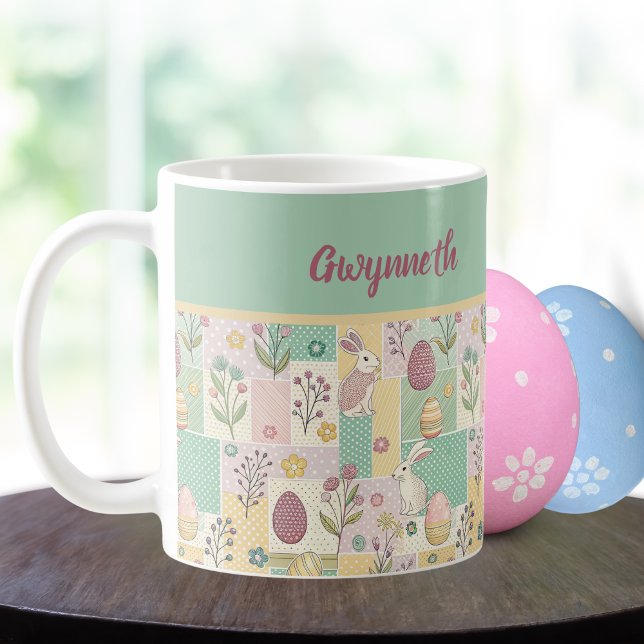Taza De Café Easter Patchwork Pastel Bunnies Eggs and Gingham (Subido por el creador)