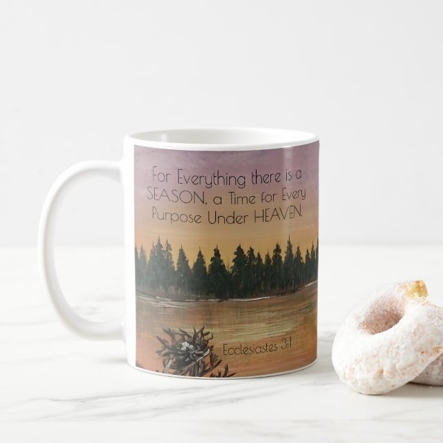 Taza De Café Ecclesiastés 3:1 Biblia versus paisaje rústico (Con donut)