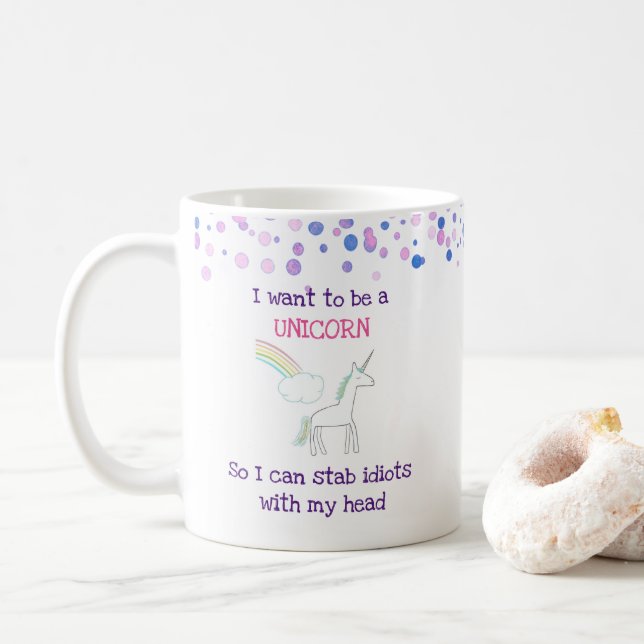 Taza De Café Edgy Unicorn con arcoiris y confetti graciosos (Con donut)
