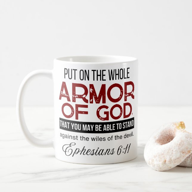 Taza De Café Efesios 6:11 Pon toda la armadura de Dios (Con donut)