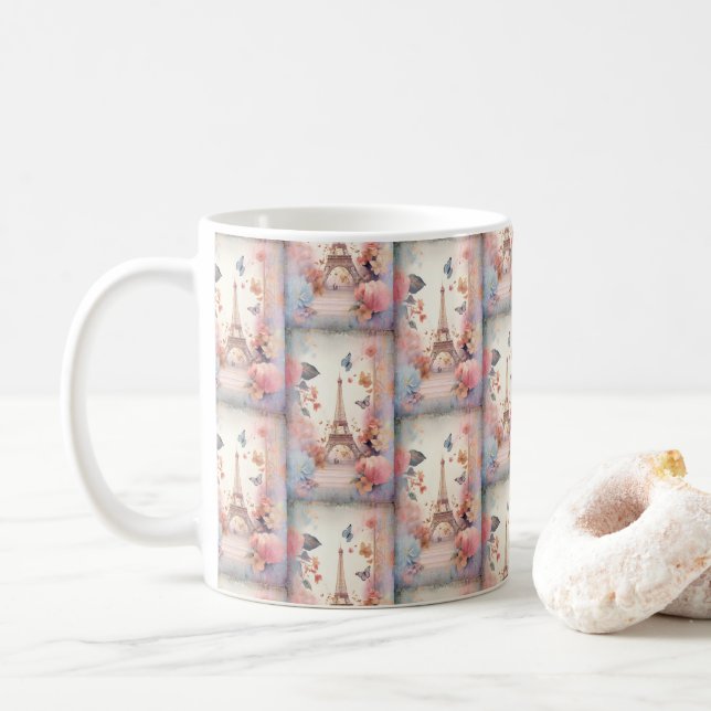 Taza De Café Eiffel Tower Butterflies and Flowers Pattern (Con donut)