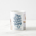 Taza De Café El amor hace de la casa una casa que deja dos foto<br><div class="desc">La moderna taza de personalizable con letras a mano "el amor hace de una casa un hogar" con dos collages de fotos. Personalizado añadiendo fotos de tu propia familia. Este regocijo familiar será perfecto como regalo.</div>