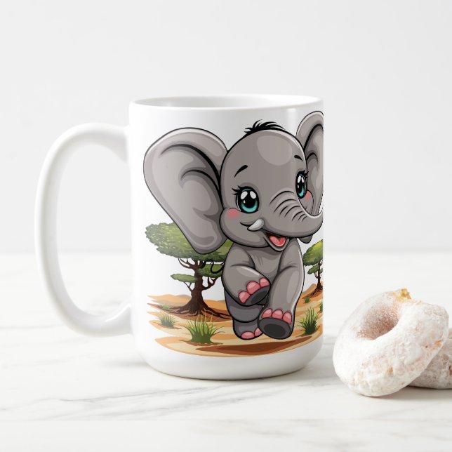Taza De Café El bebé elefante salta feliz en la sabana africana (Con donut)