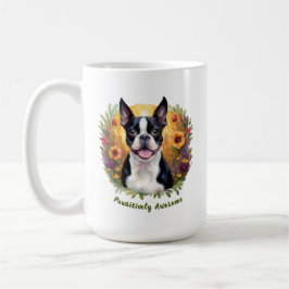 Taza De Café El Boston Terrier Blanco y Negro en un campo flori