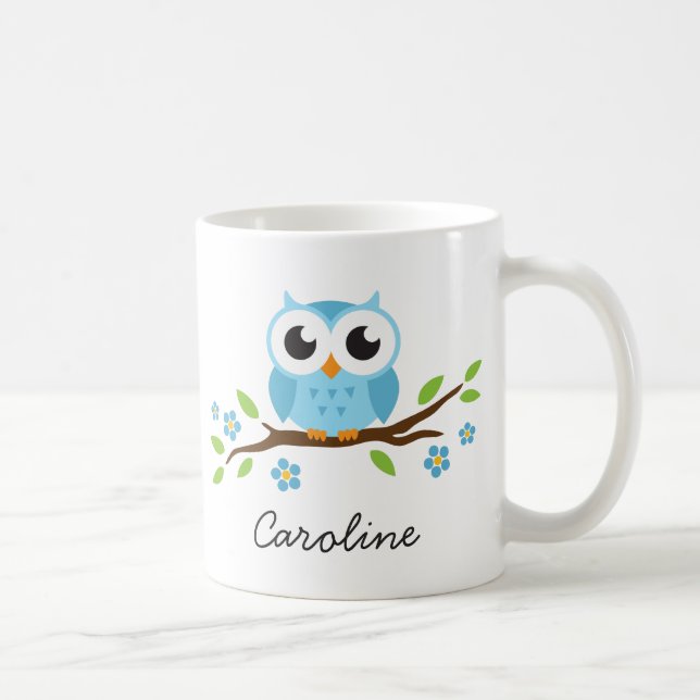 Taza De Café El búho azul lindo en rama floral personalizó (Derecha)